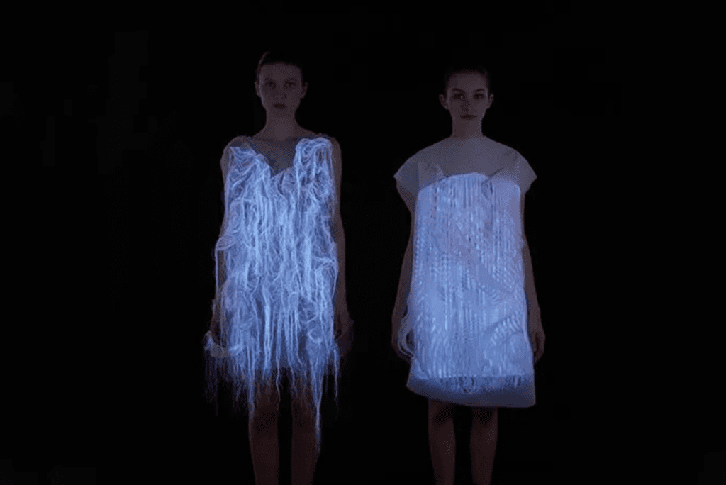Dresses-made-from-photo-luminescent-thread-and-embedded-eye-tracking-technology-from-Ying-Gao-GLITCH Magazine